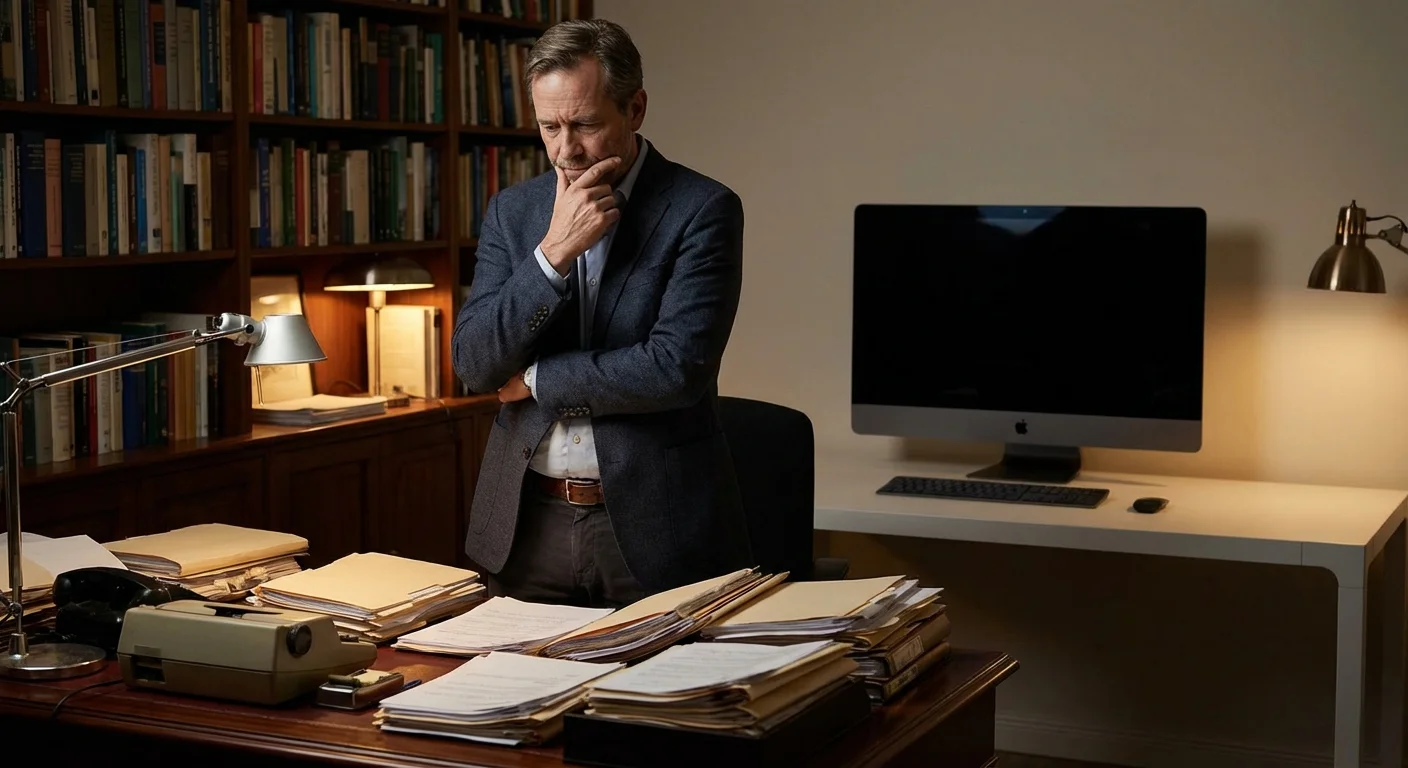 A professional looking at a cluttered desk of old papers, symbolizing outdated career habits.