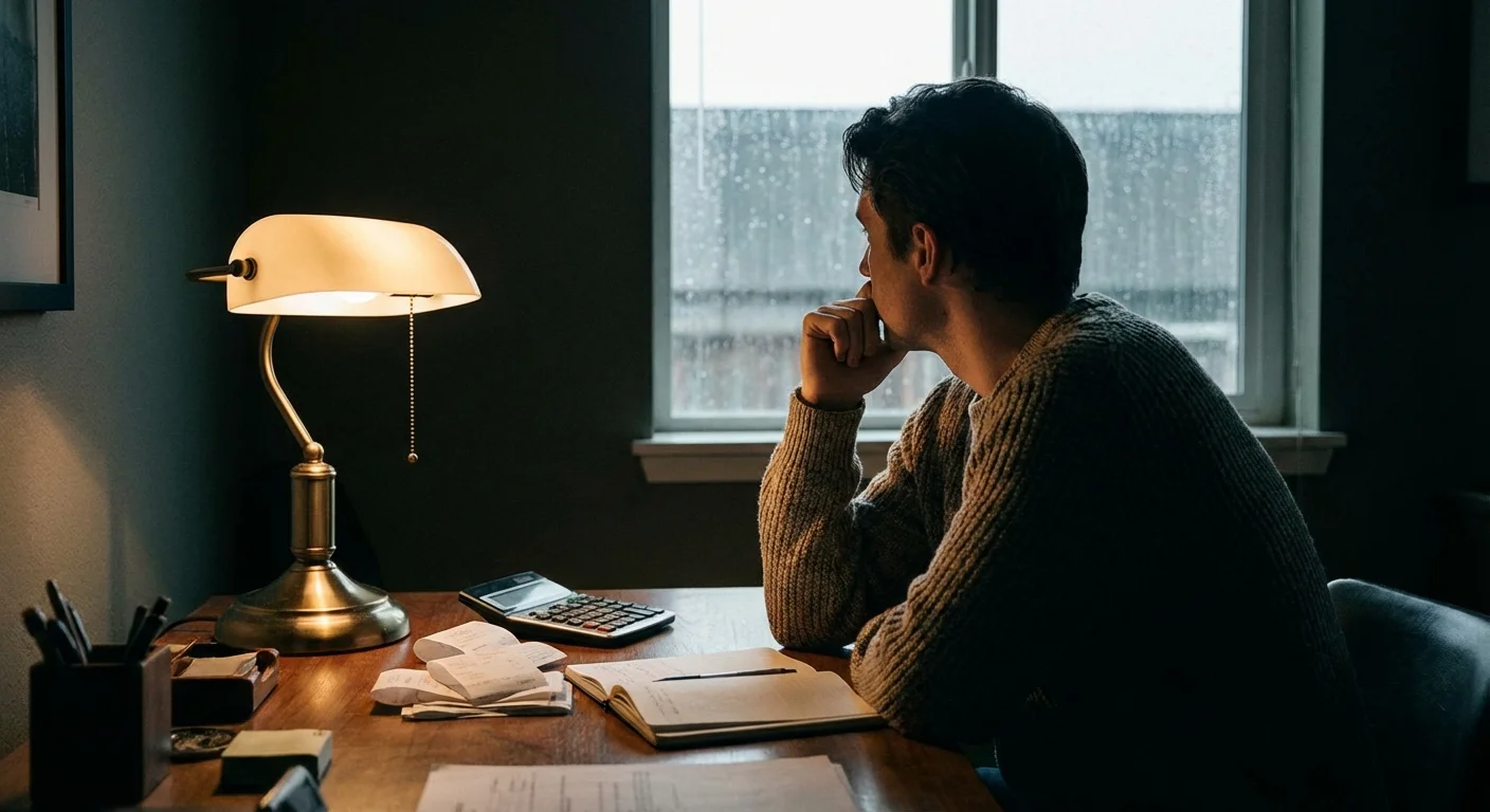 A person looking thoughtful while using a calculator at a desk, illustrating the avoidance of financial mistakes.