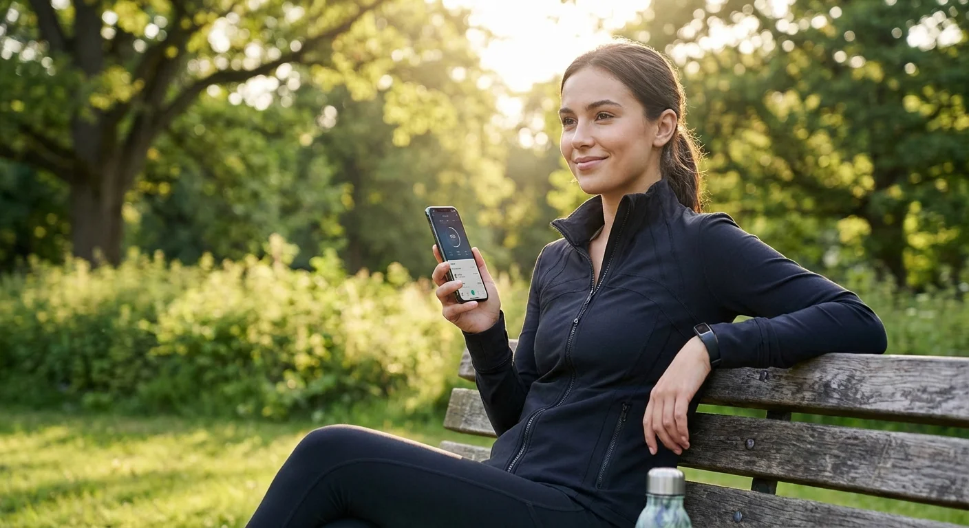 Person checking a health app on a phone in a sunny park.