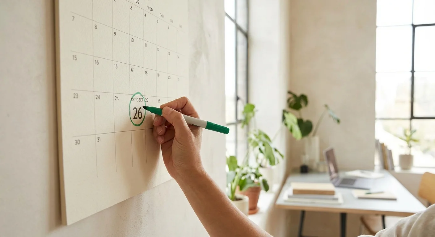 A person circling a date on a wall calendar in a bright office.