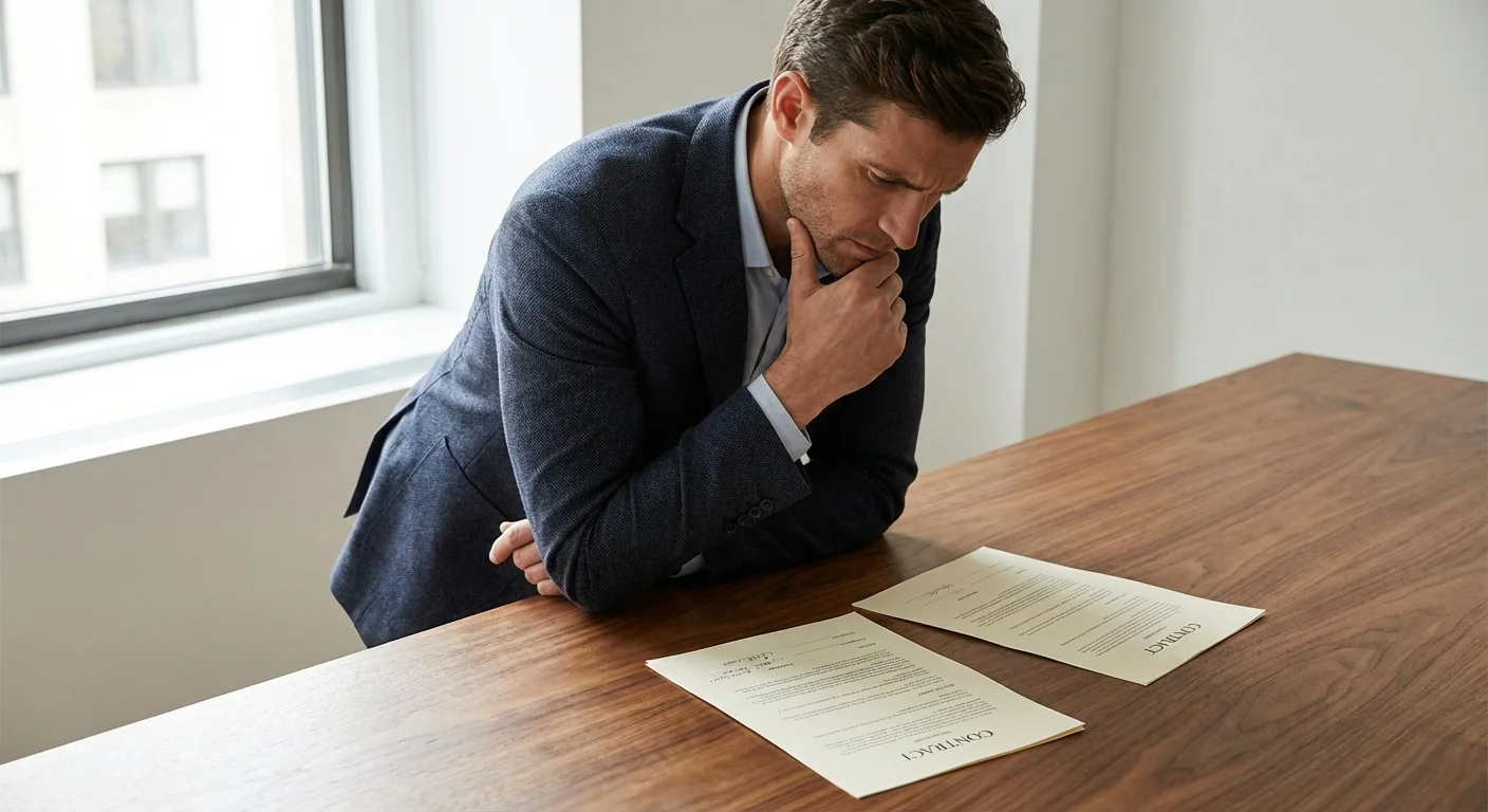 Person comparing two job offer contracts on a desk.