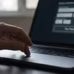 Close-up of a hand using a laptop trackpad to navigate an online checkout payment screen.