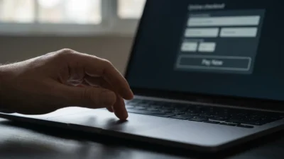 Close-up of a hand using a laptop trackpad to navigate an online checkout payment screen.