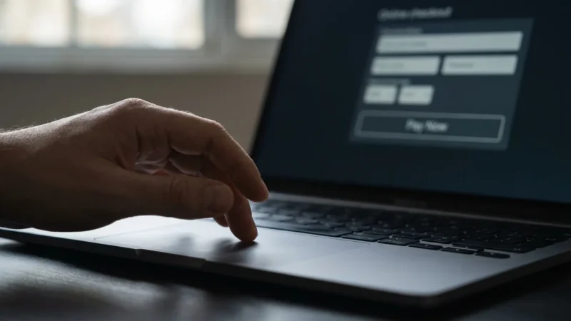 Close-up of a hand using a laptop trackpad to navigate an online checkout payment screen.