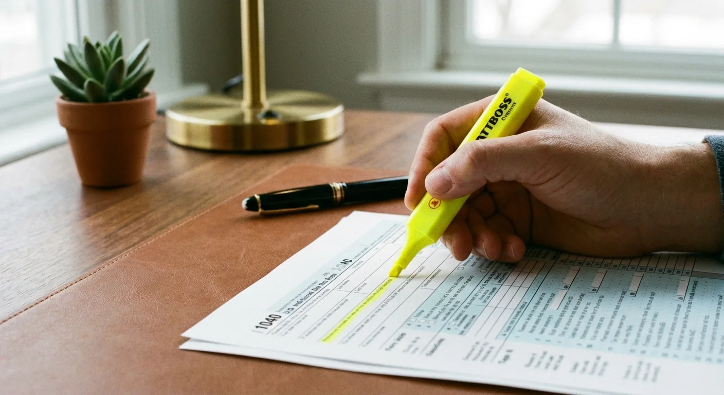 A hand highlighting details on a tax form with a yellow marker.