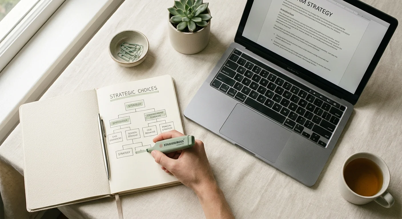 A top-down view of a tidy desk with a notebook and laptop, symbolizing the comparison of career strategies.