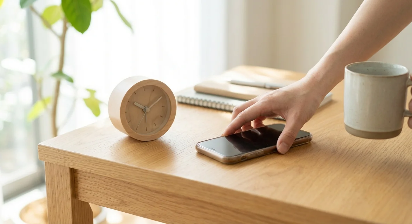 A hand placing a smartphone face down next to a clock on a wooden table.