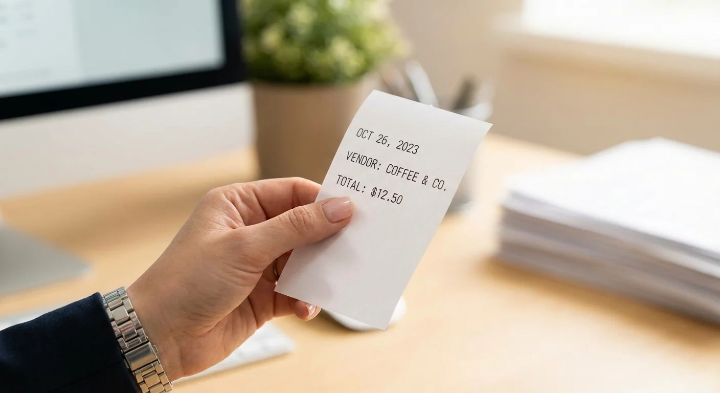 A close-up of a hand holding a clear receipt, highlighting the date and total amount.