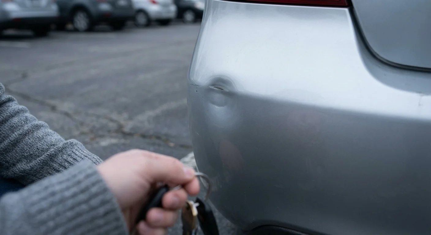 Close-up of a small dent on a car bumper in a parking lot.