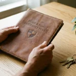 Person holding a brown leather insurance policy binder on a wooden table with house keys