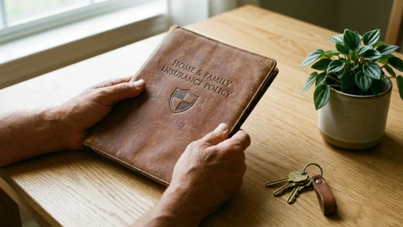 Person holding a brown leather insurance policy binder on a wooden table with house keys