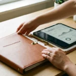 Hands opening a brown leather insurance portfolio binder next to a tablet showing financial charts.