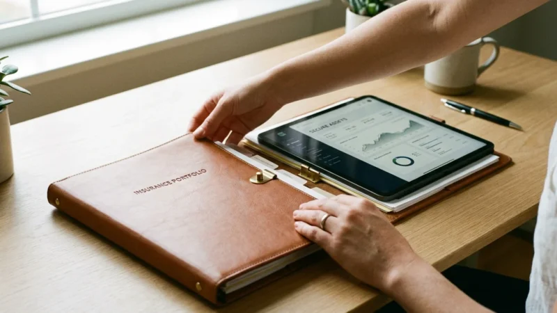 Hands opening a brown leather insurance portfolio binder next to a tablet showing financial charts.