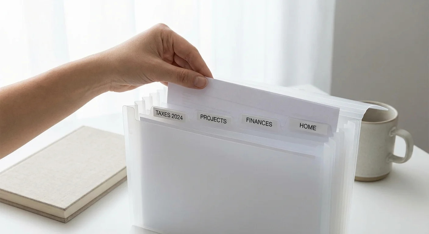 A hand organizing a file folder with documents and receipts.