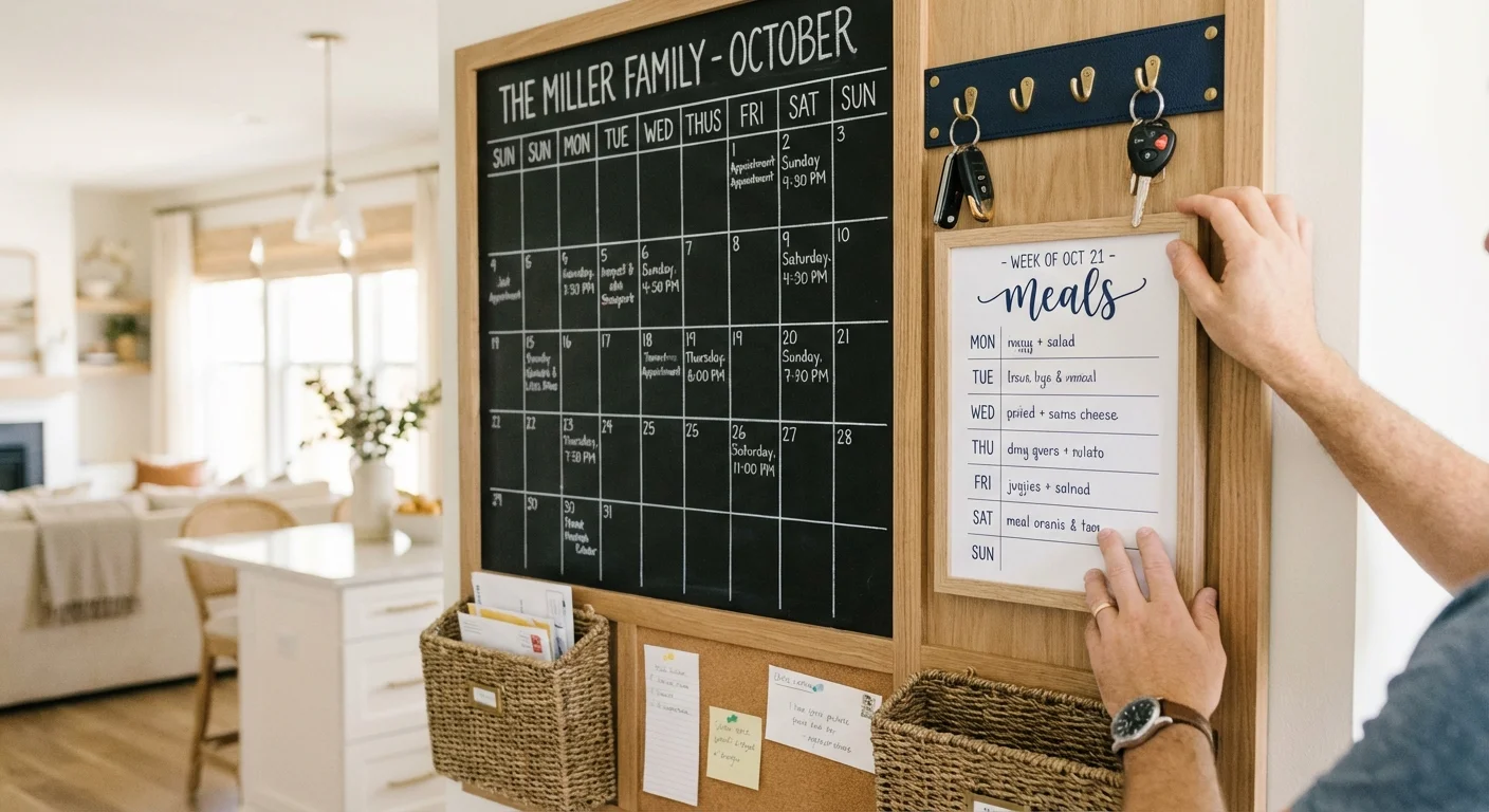 Hands organizing a family calendar and meal planner on a wooden wall.