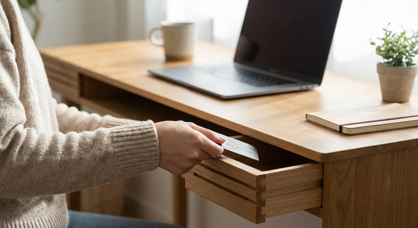 Hands putting a credit card away in a desk drawer.