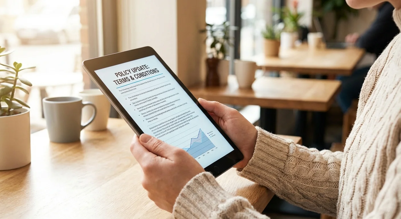 Close-up of hands using a tablet in a bright, modern cafe setting.