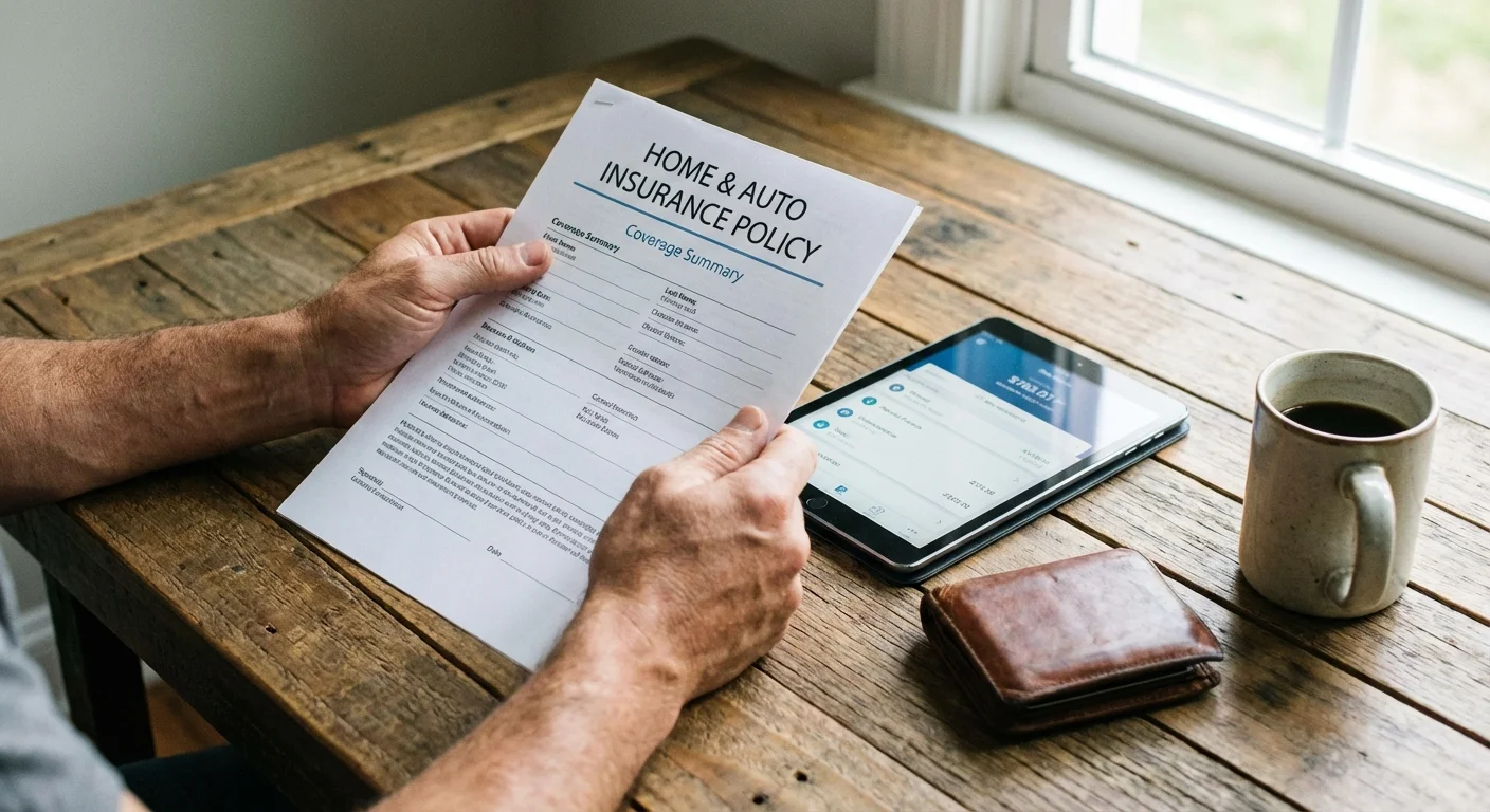 Close-up of insurance documents and digital devices on a clean desk.