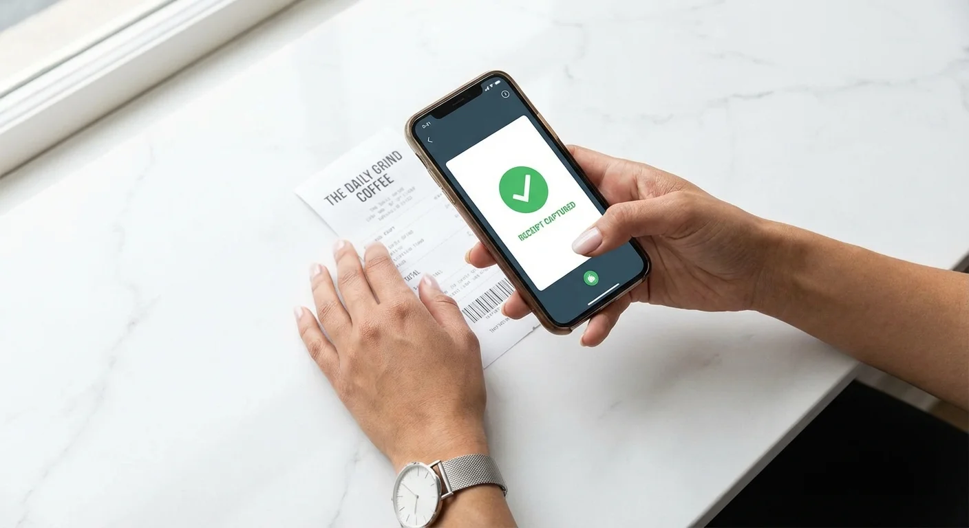 Hands using a mobile scanning app to capture a receipt on a white desk.