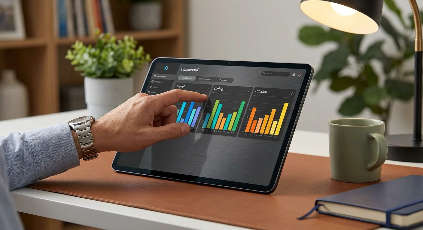 A tablet displaying a financial software dashboard with expense charts and categories.