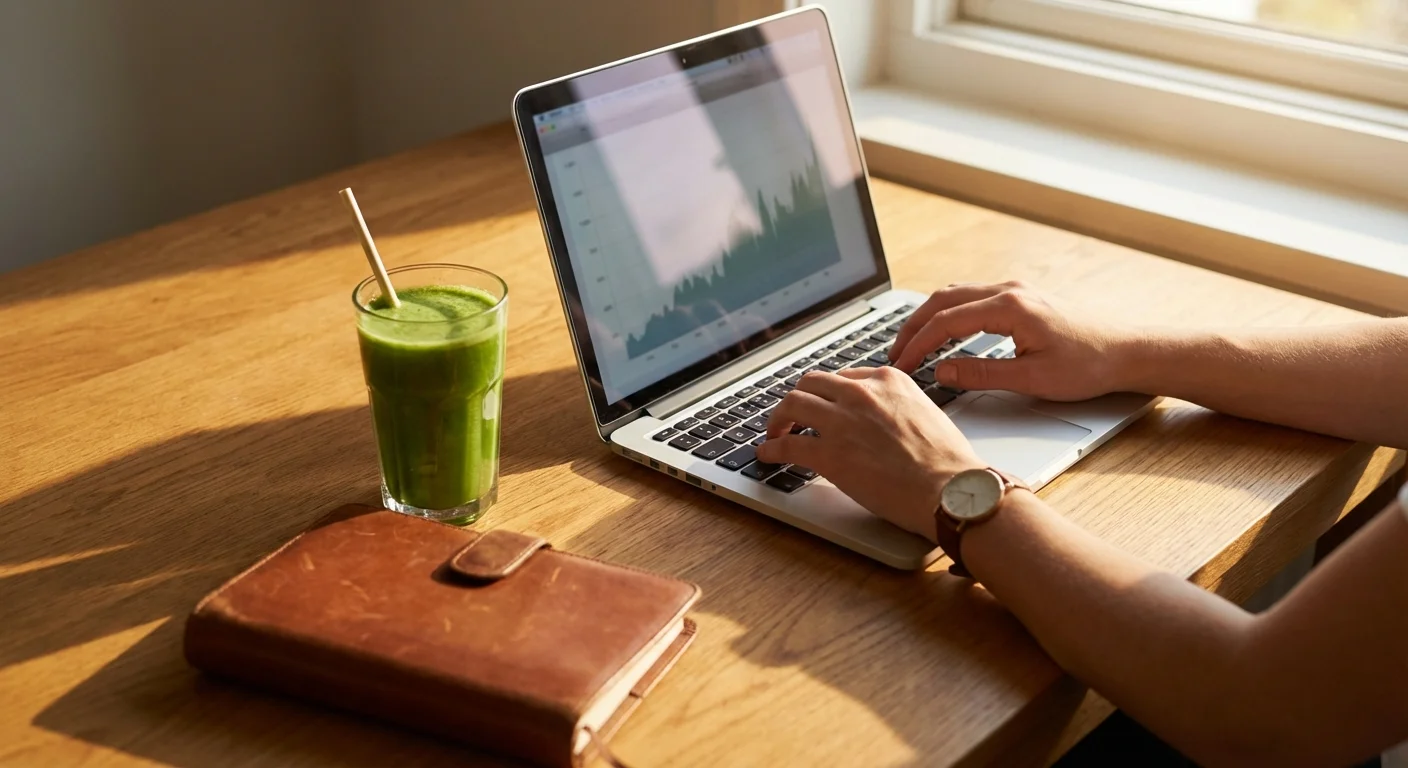 Close-up of a professional working at a clean, sunlit desk with a laptop and planner.