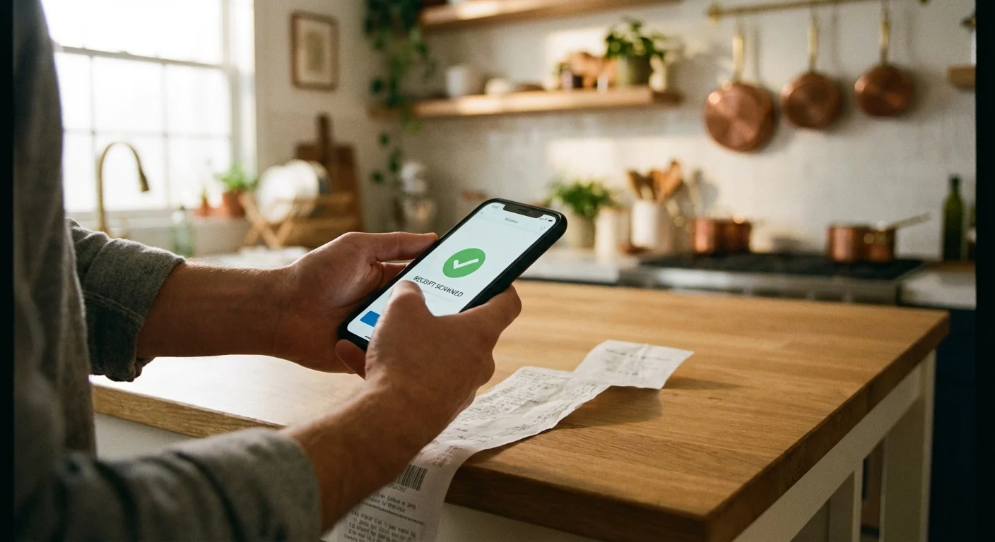Person using a smartphone app to scan a grocery receipt for cash-back rewards.