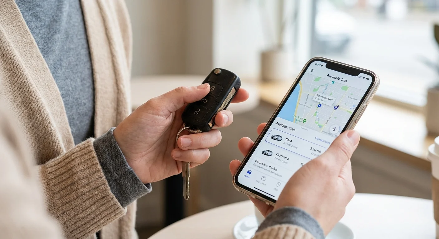 Close-up of hands holding a car key and a smartphone with a car-sharing app.