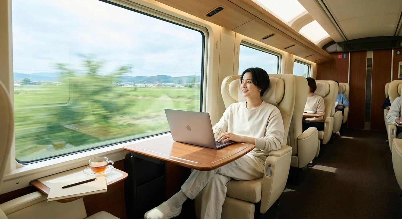 Person working on a laptop during a train commute.