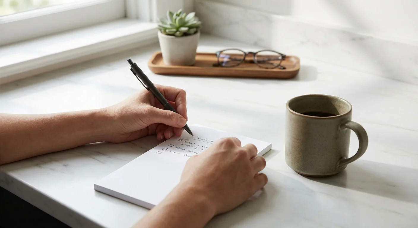 Close-up of hands writing on a notepad next to a coffee cup on a counter.