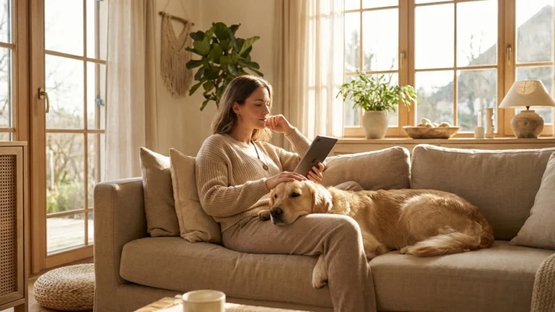 A woman sits on a sofa with her golden retriever, looking thoughtfully at a tablet in a sunlit room.