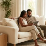 A happy couple sitting together on a sofa looking at a tablet in a bright, modern home.