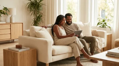 A happy couple sitting together on a sofa looking at a tablet in a bright, modern home.