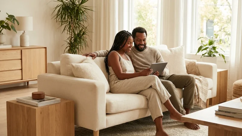 A happy couple sitting together on a sofa looking at a tablet in a bright, modern home.