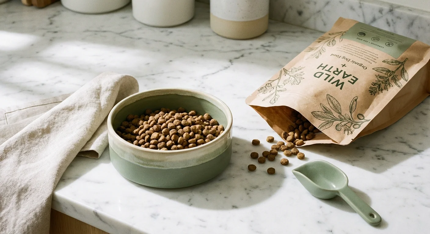 Premium pet food and a ceramic bowl on a clean counter, representing recurring maintenance costs.