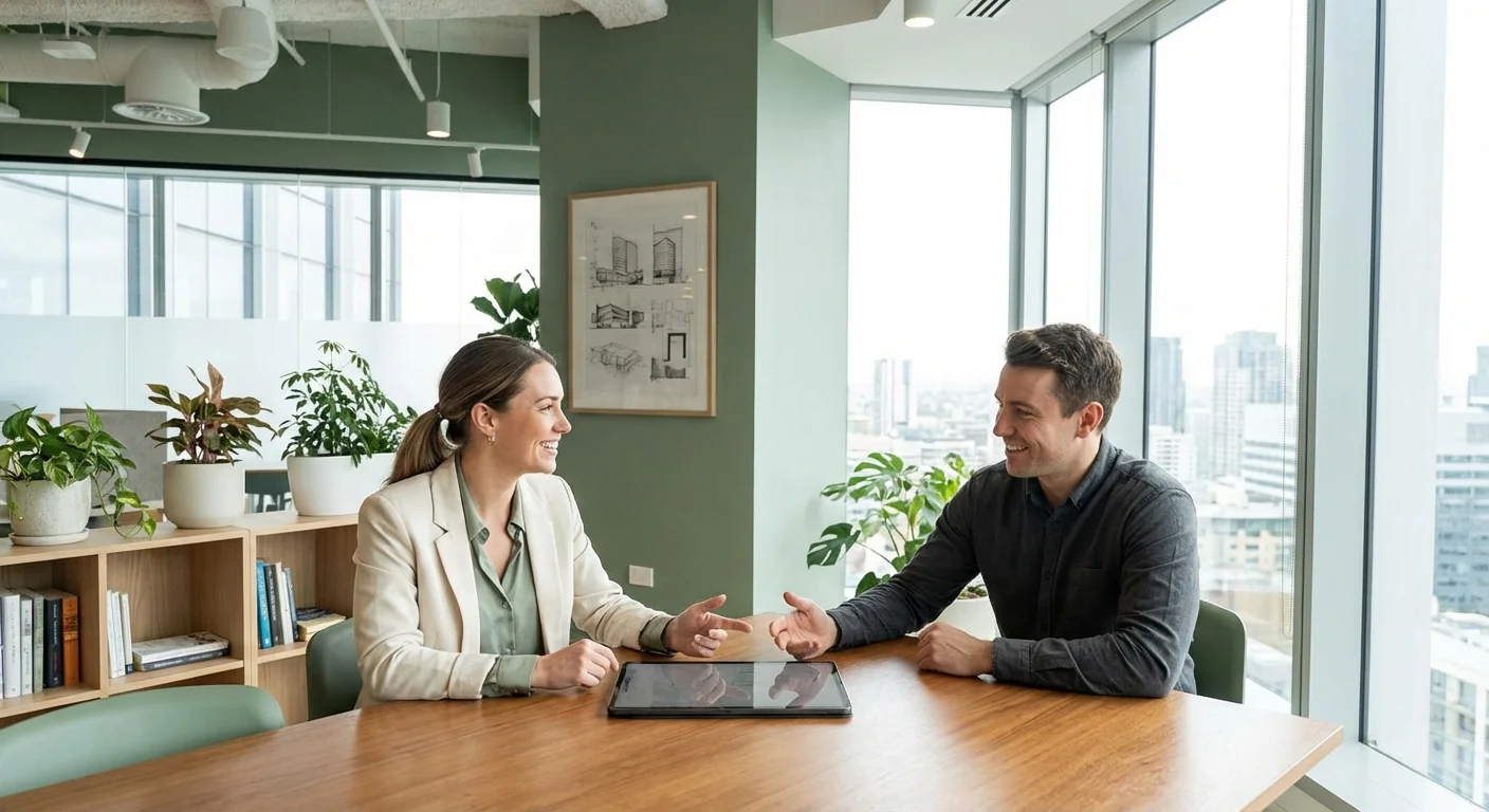 Two people having a professional consultation in a bright office.