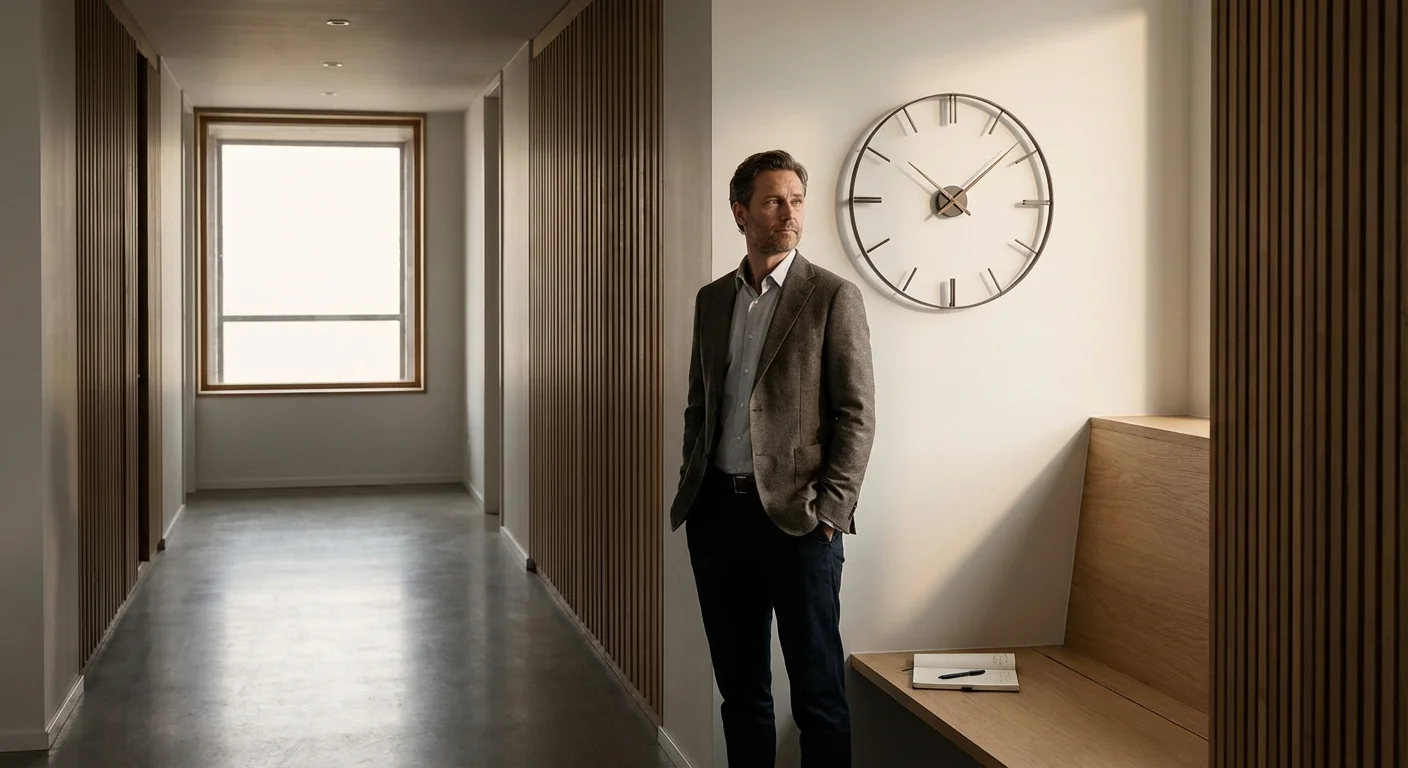 A person standing near a large, modern clock in a bright, architecturally clean hallway.