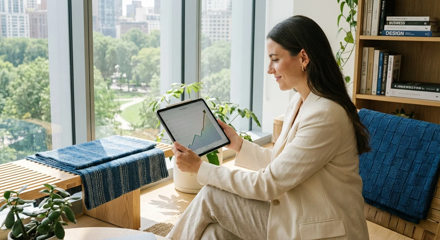 A professional reviews a growth chart on a tablet, symbolizing the financial value of career connections.