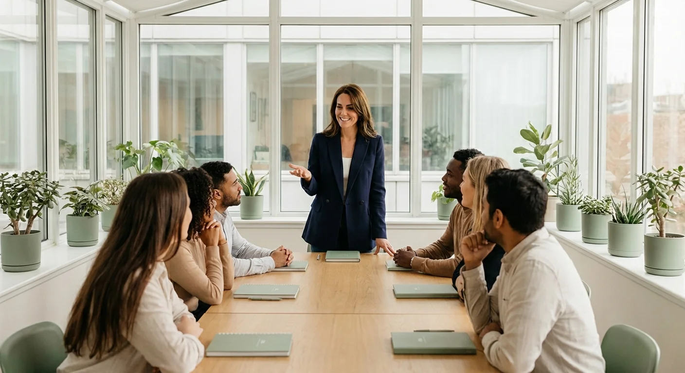 A professional leading a meeting in a bright, modern office.