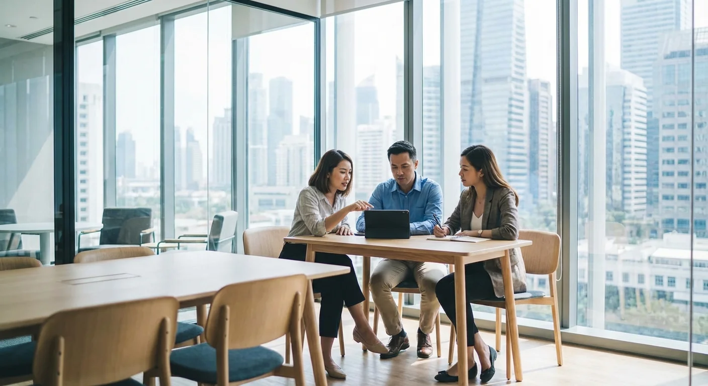 Professionals having a discussion in a modern, glass-walled office.