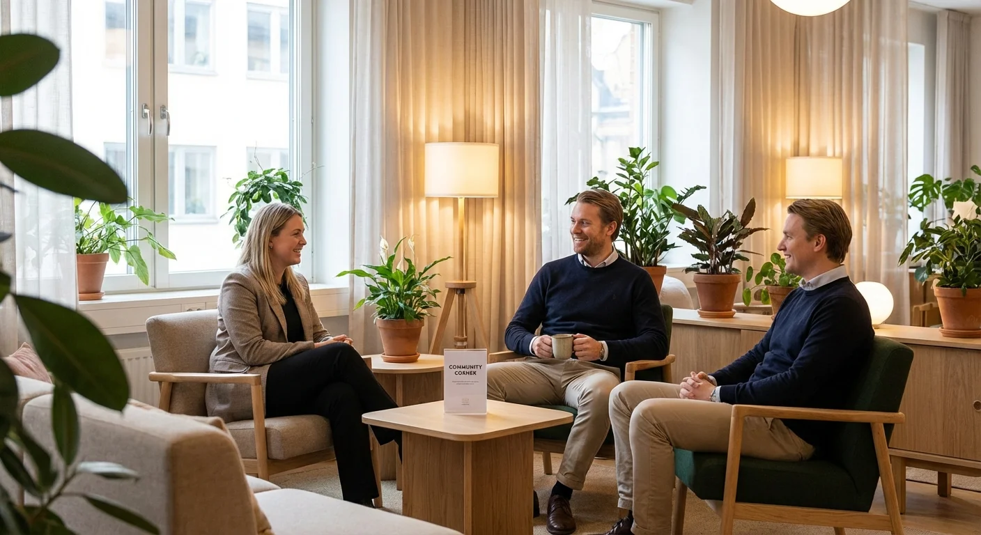 A small group of three professionals talking in a relaxed, modern office lounge.