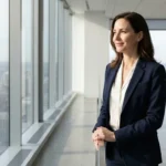 A professional looking out a city window, symbolizing financial vision and startup success.