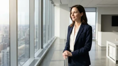 A professional looking out a city window, symbolizing financial vision and startup success.