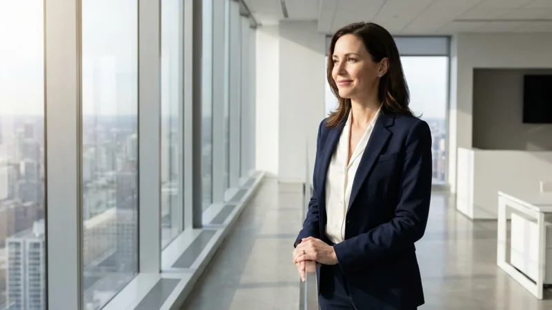 A professional looking out a city window, symbolizing financial vision and startup success.