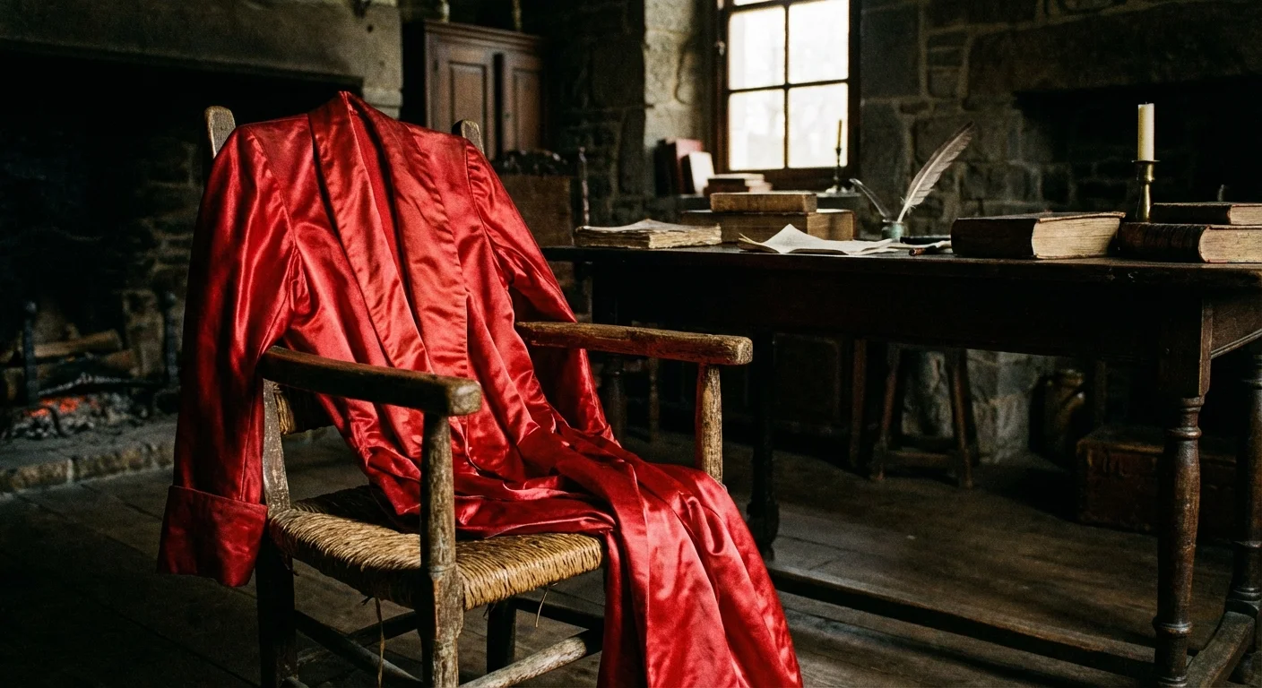 A luxury red silk robe draped over an old, worn-out straw chair in a dark study.