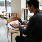 A professional looking at a financial growth chart on a tablet in a modern office with a city view.