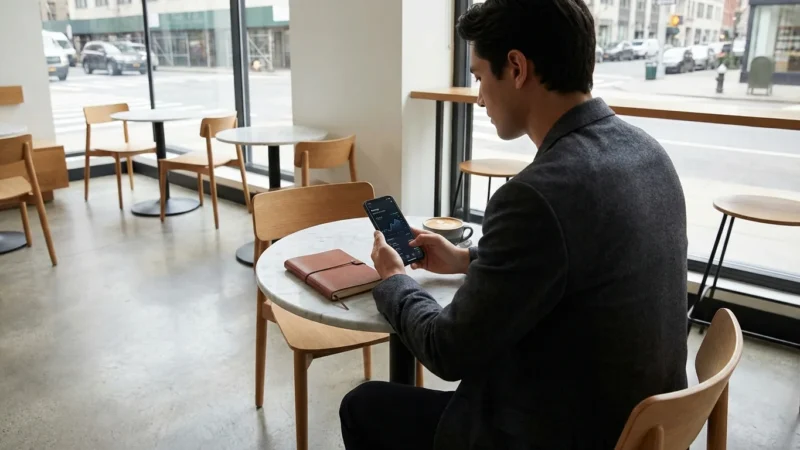 A professional looking at a financial growth chart on a tablet in a modern office with a city view.
