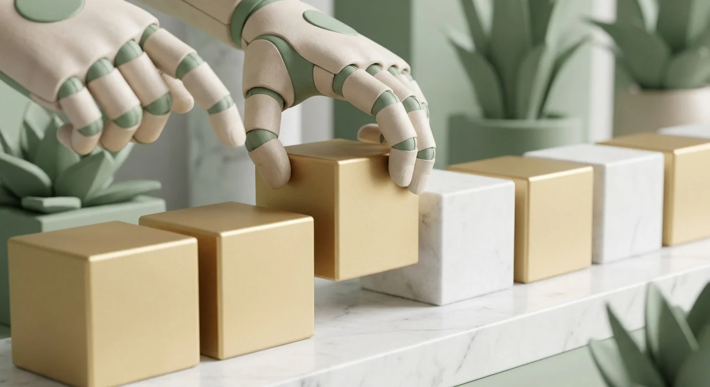 Stylized 3D blocks being carefully arranged on a clean white surface.