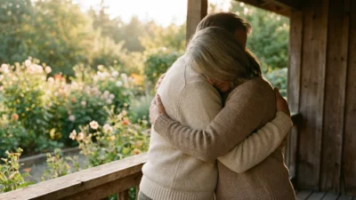 Senior couple in sweaters sharing a warm embrace on a wooden porch overlooking a flower garden