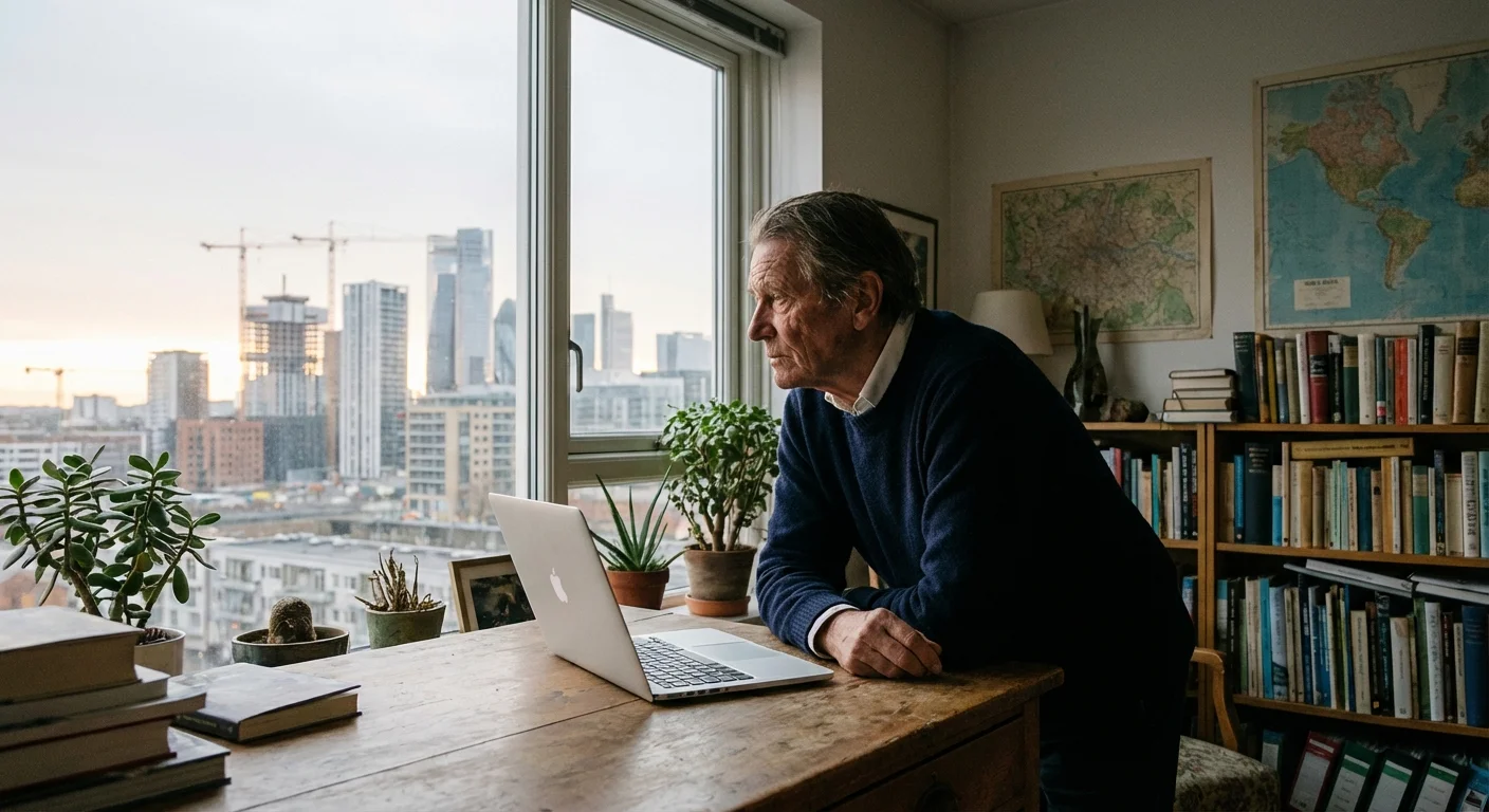 A person at a desk looking out at a city skyline, representing future planning.