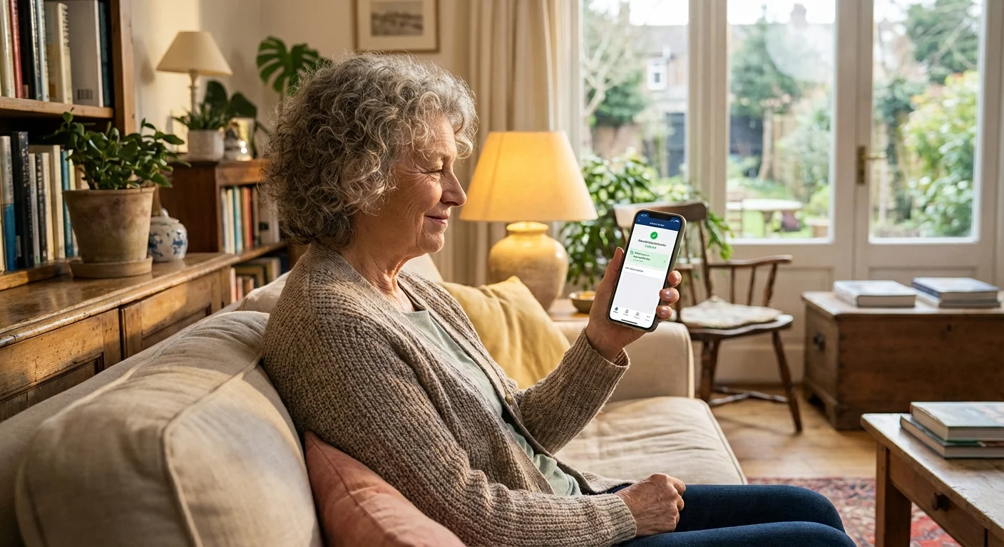 A person smiling while checking their bank account on a smartphone.